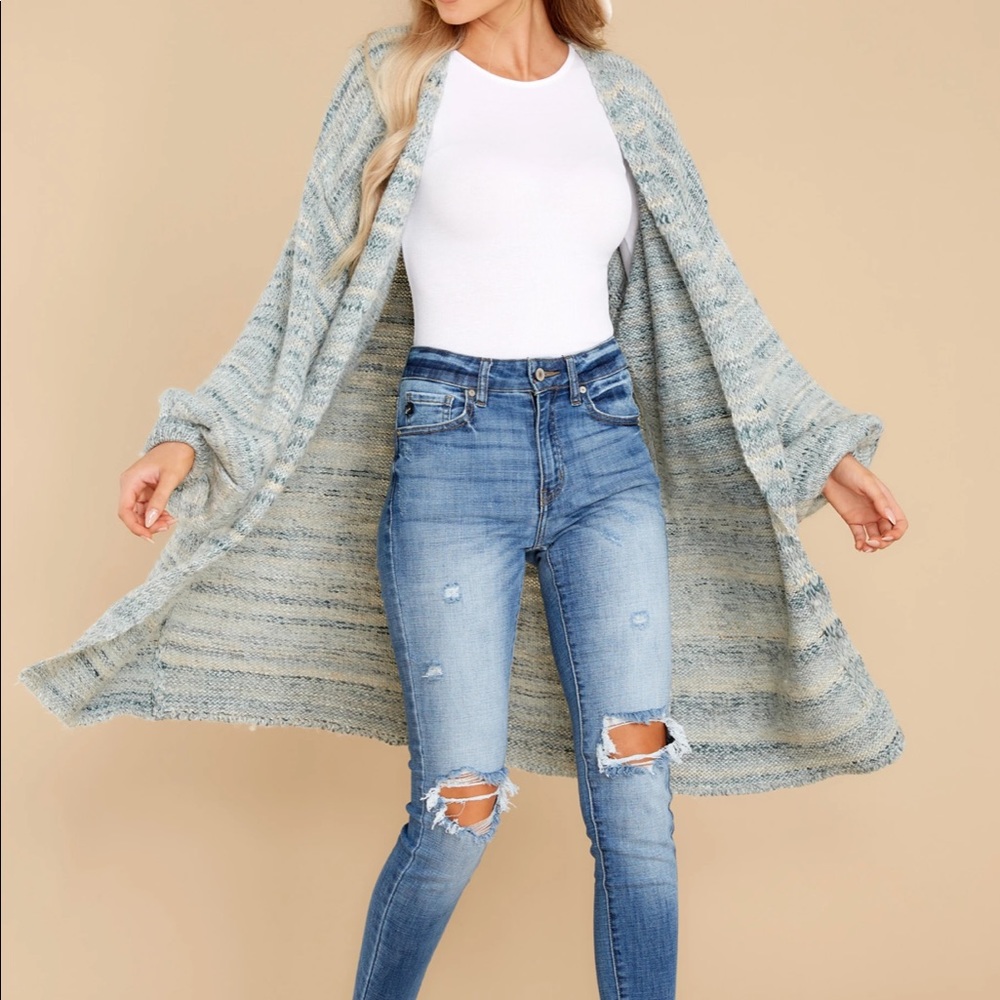 Red Dress blue sea foam multi color cardigan